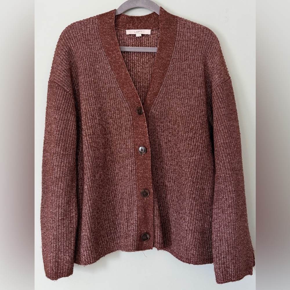 LOFT Chunky Knit‎ Button-Up V-Neck Soft Cozy Cardigan Sweater Brown Size XL